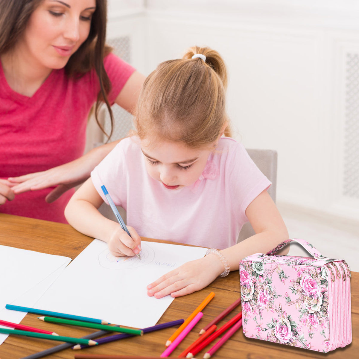 200-Slot Floral Pencil Case with Handle