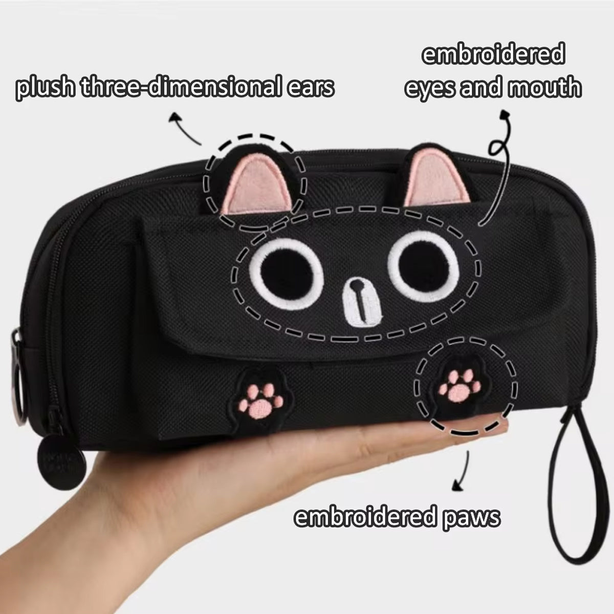 Embroidered Cat Pencil Case Multifunction Large Capacity