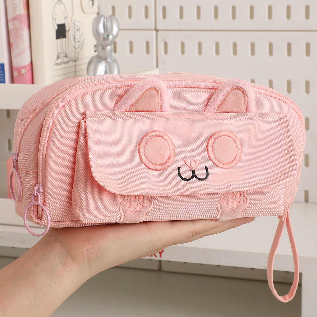 Embroidered Cat Pencil Case Multifunction Large Capacity