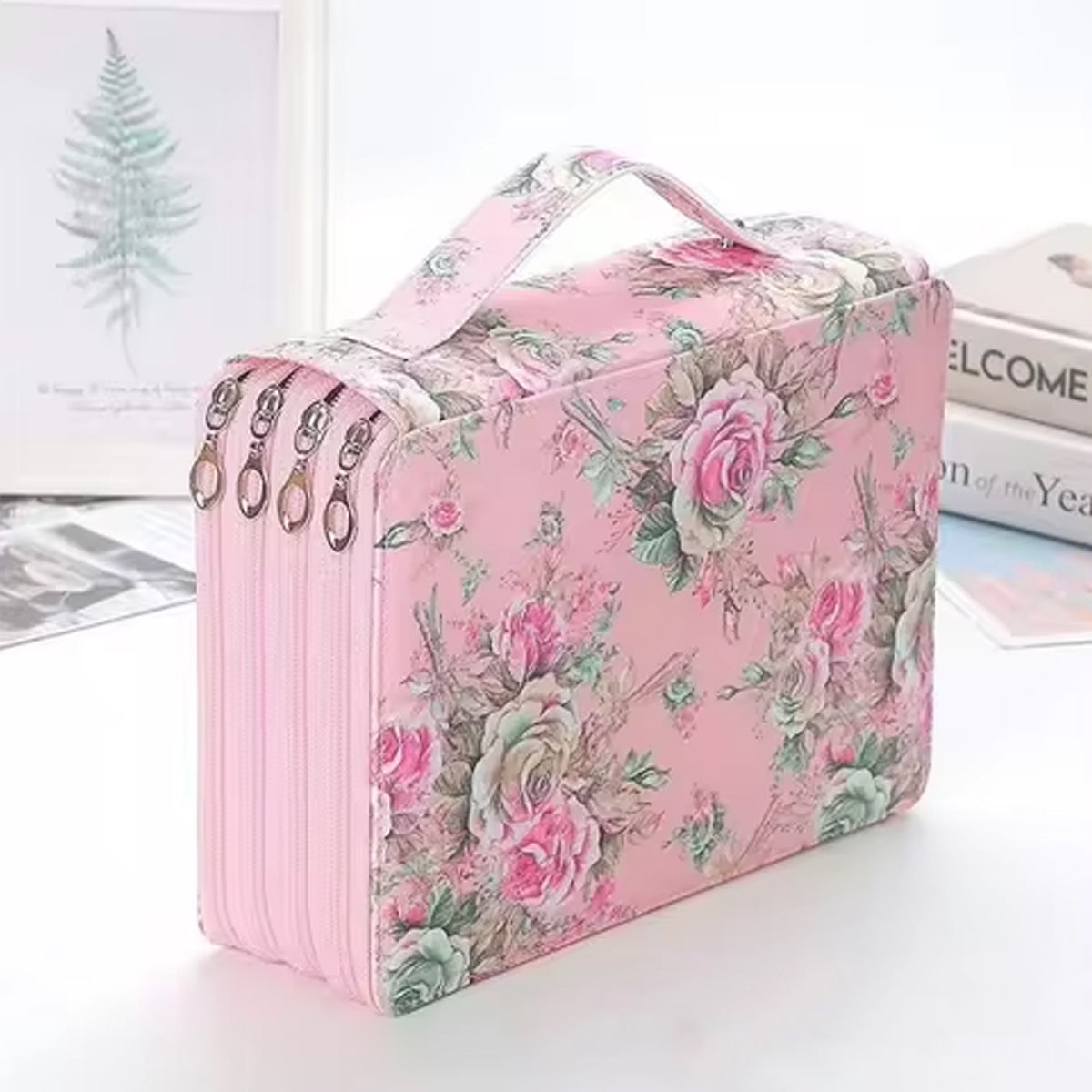 200-Slot Floral Pencil Case with Handle