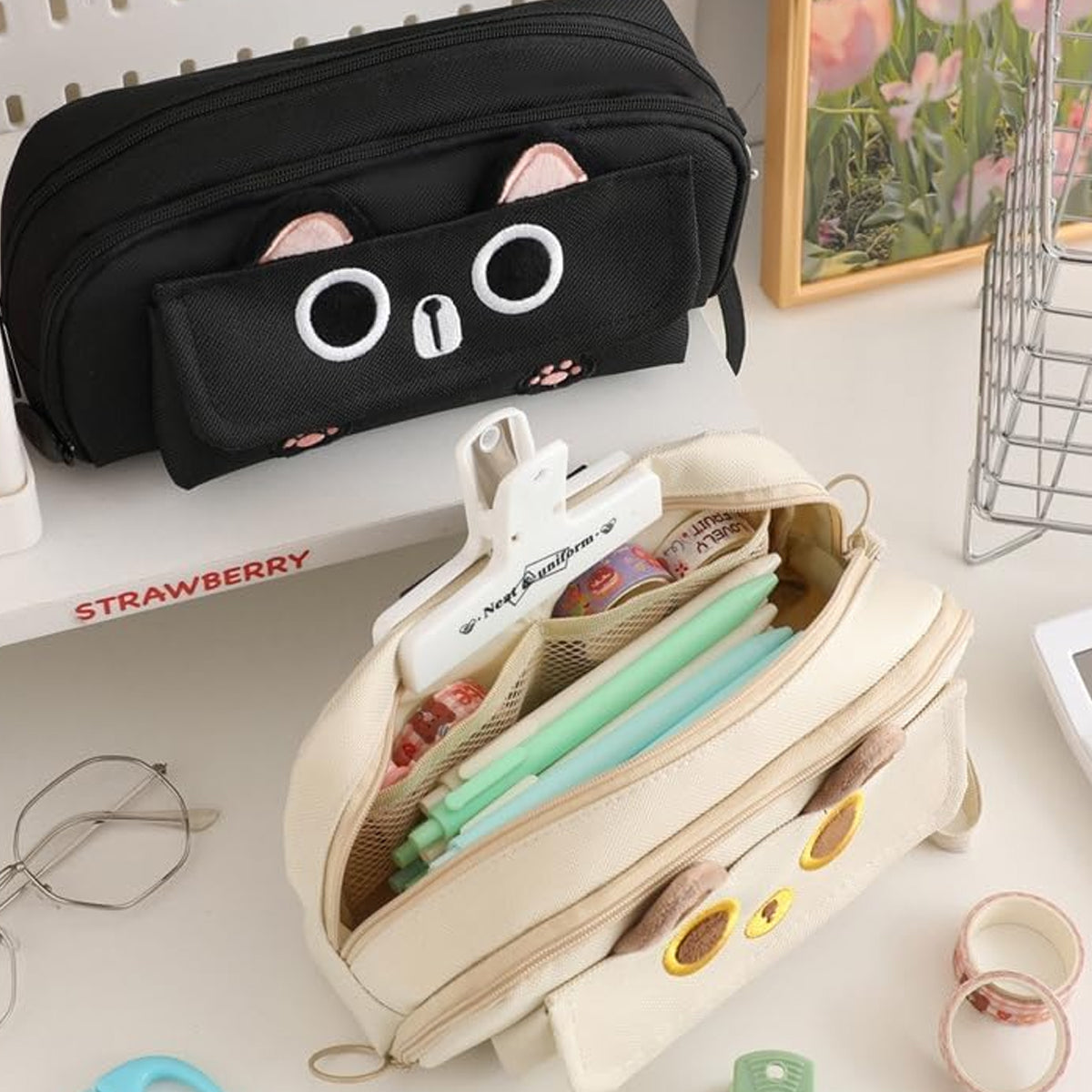 Embroidered Cat Pencil Case Multifunction Large Capacity