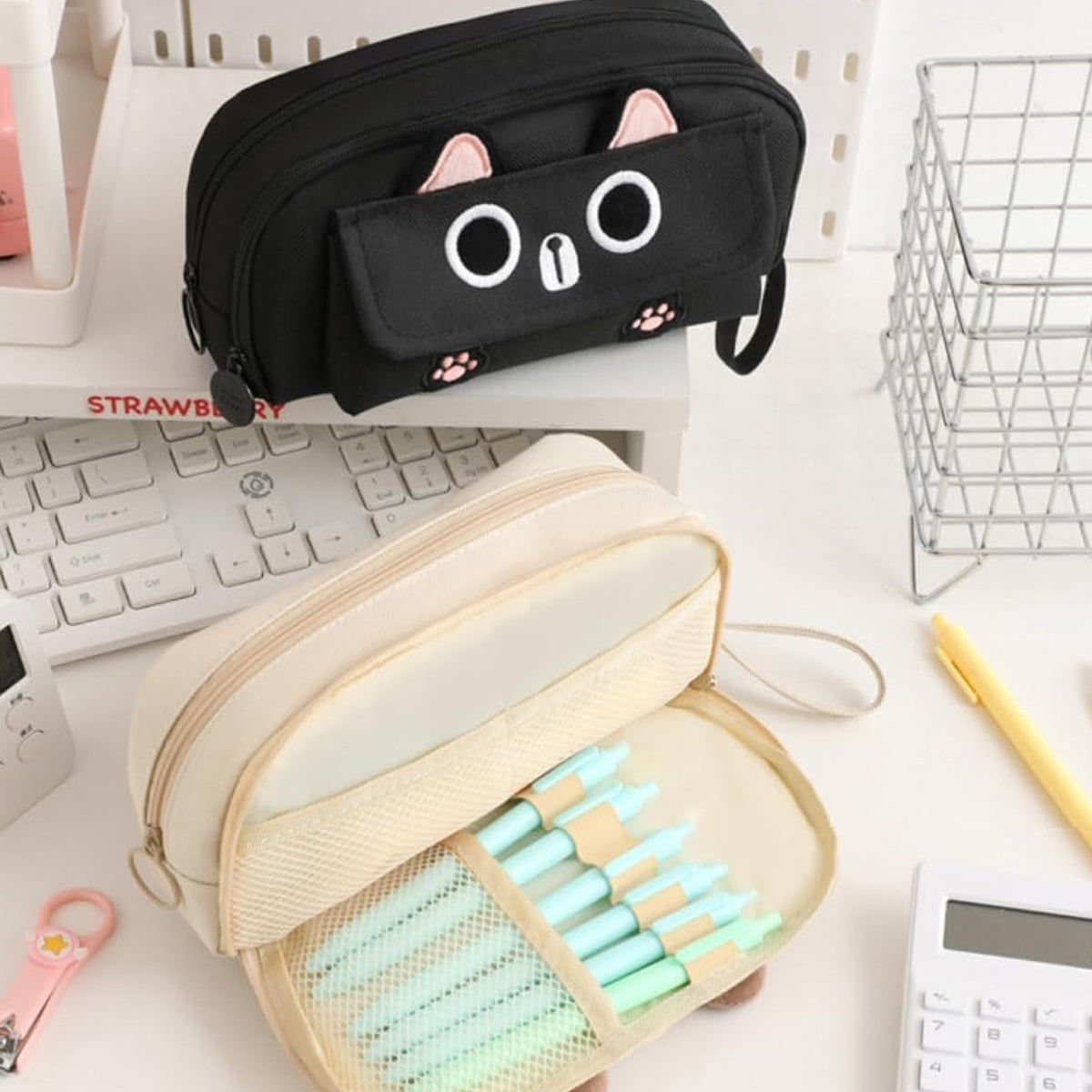 Embroidered Cat Pencil Case Multifunction Large Capacity