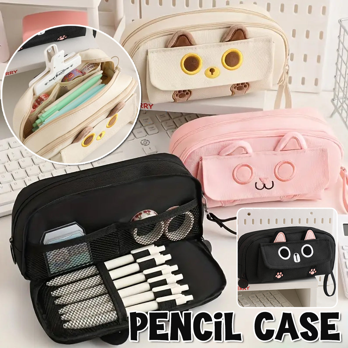 Embroidered Cat Pencil Case Multifunction Large Capacity
