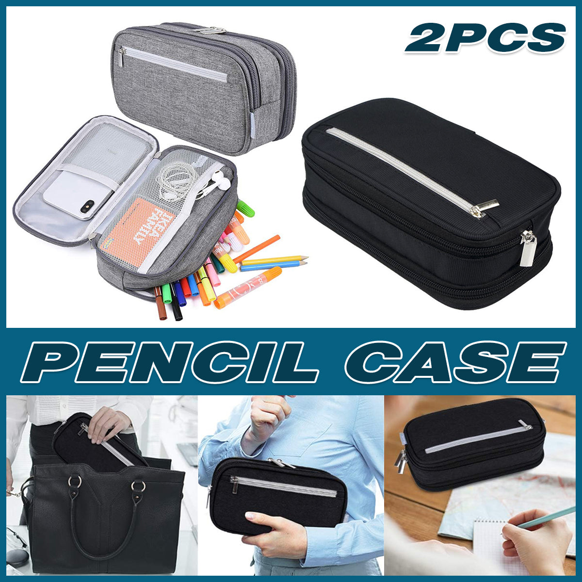 2 Pcs Large Capacity Pencil Case Waterproof 3 Layer Black Grey