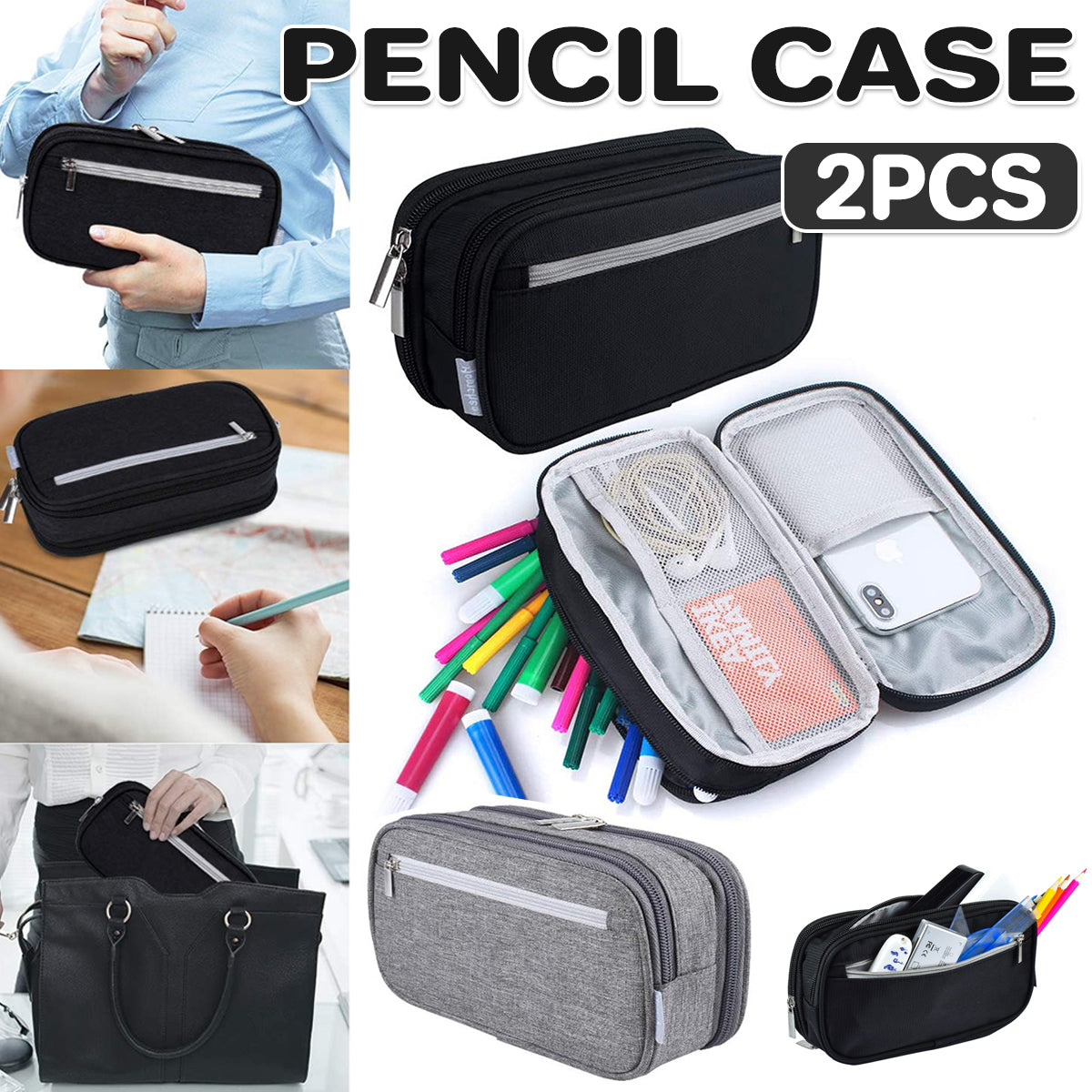 2 Pcs Large Capacity Pencil Case Waterproof 3 Layer Black Grey