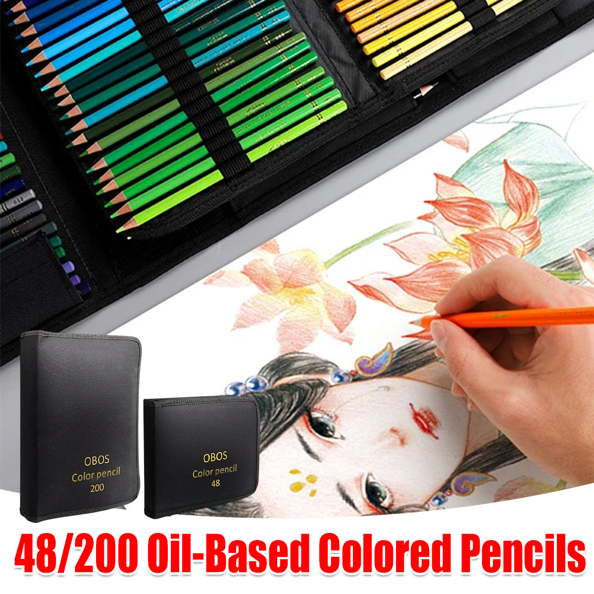 48 or 200 Colours Oil-Based Coloured Pencils with Wooden Barrels