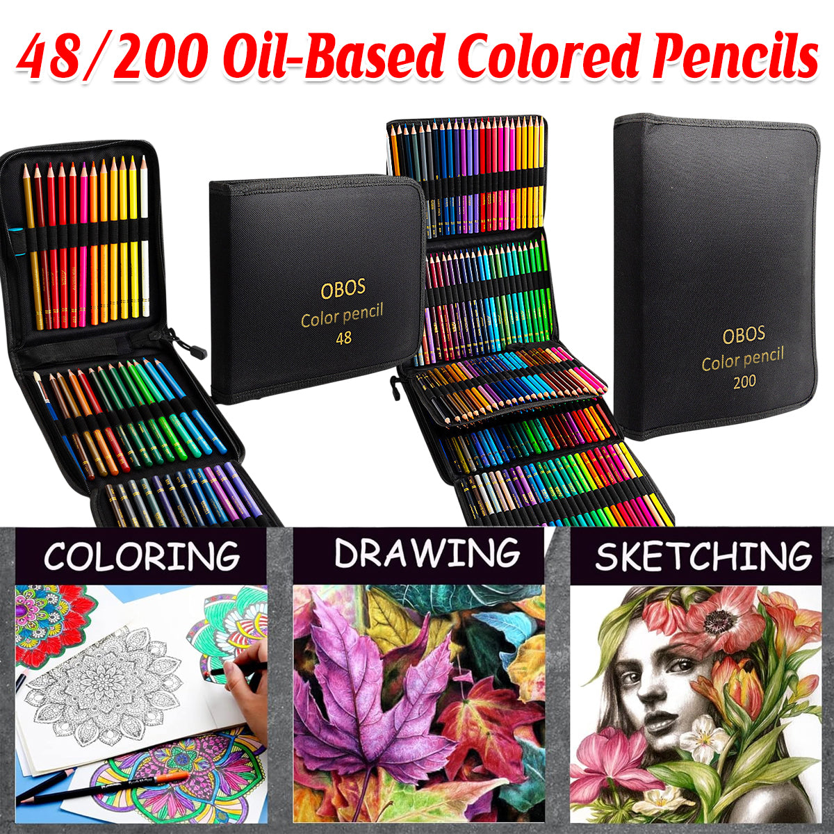 48 or 200 Colours Oil-Based Coloured Pencils with Wooden Barrels