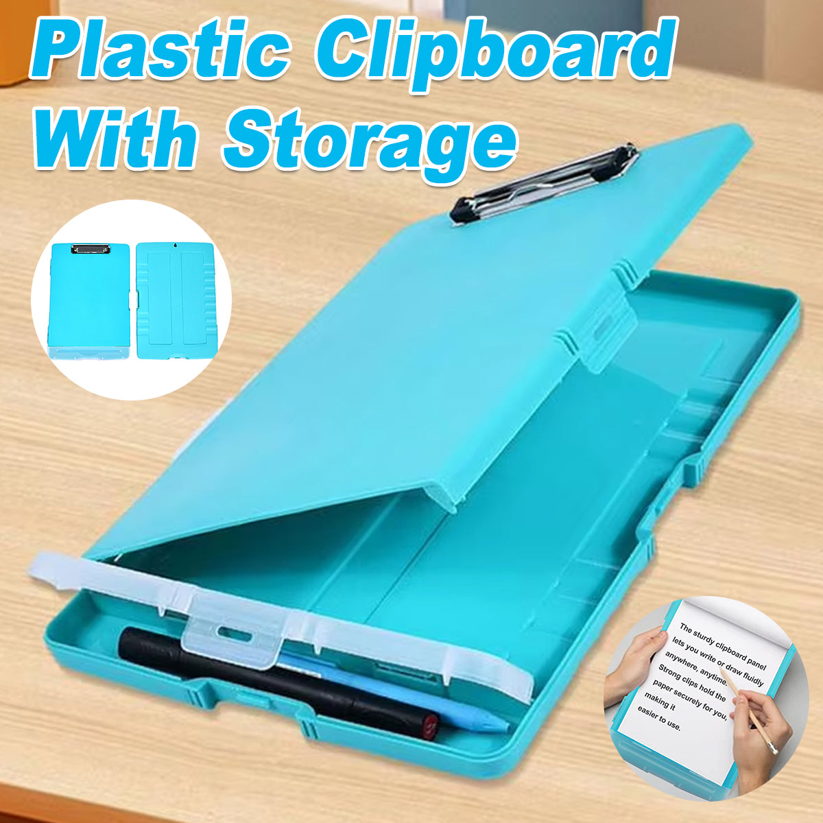 Clipboard Storage Box with Strong Clip Waterproof PP Blue