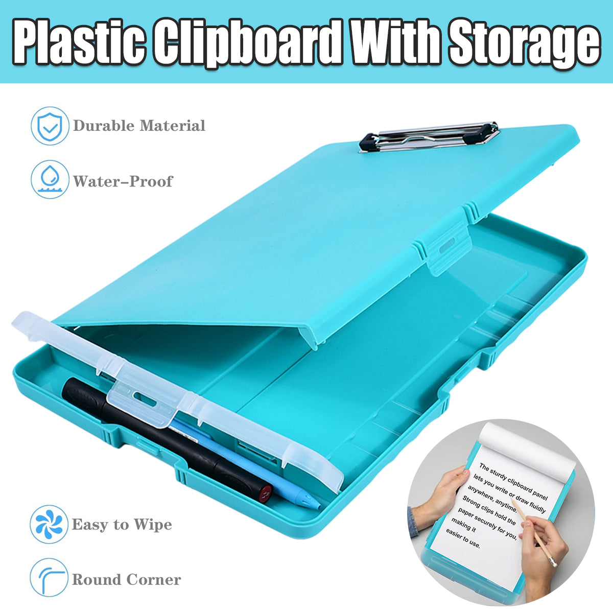 Clipboard Storage Box with Strong Clip Waterproof PP Blue