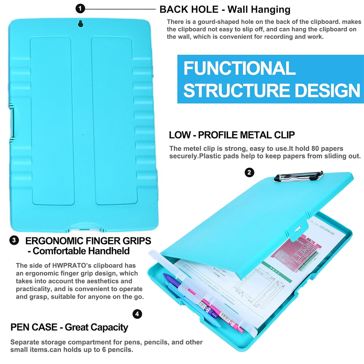 Clipboard Storage Box with Strong Clip Waterproof PP Blue