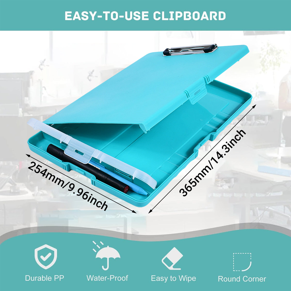 Clipboard Storage Box with Strong Clip Waterproof PP Blue