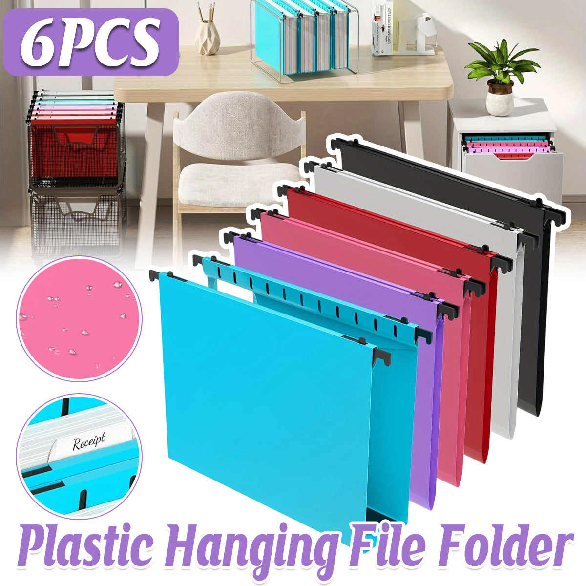 6 Pcs PP Hanging File Folders Retractable Hooks Assorted Colours