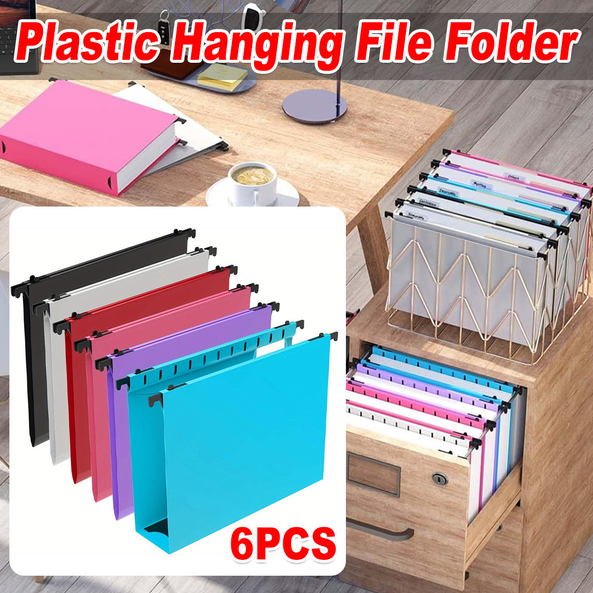 6 Pcs PP Hanging File Folders Retractable Hooks Assorted Colours
