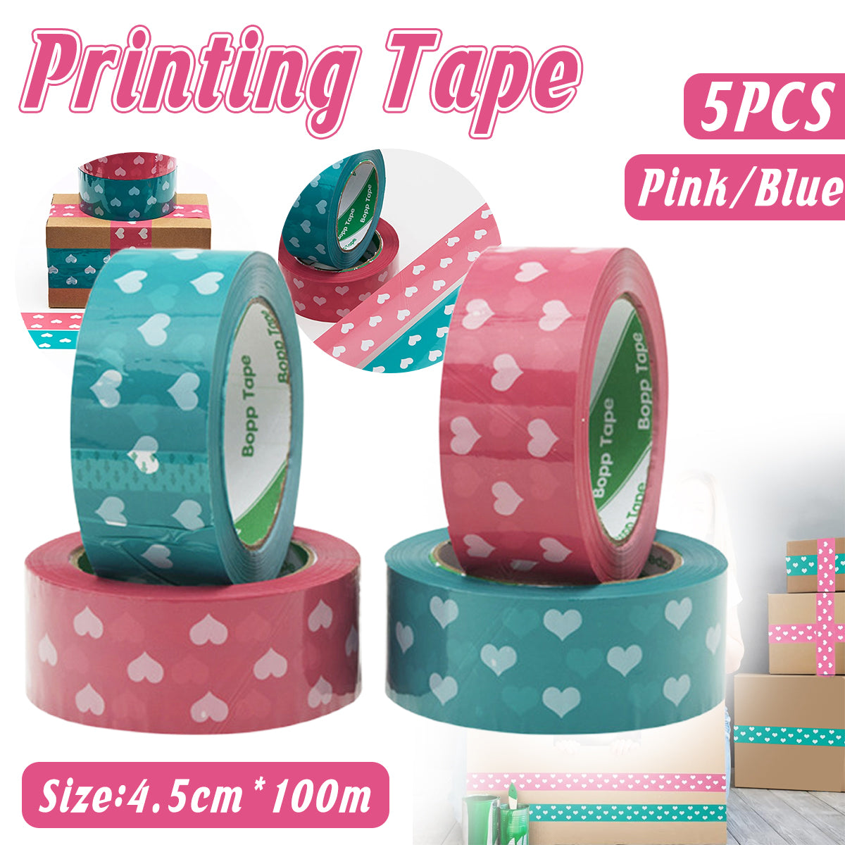 5 Rolls Cute Heart Design Packing Tape Adhesive Set Pink & Blue