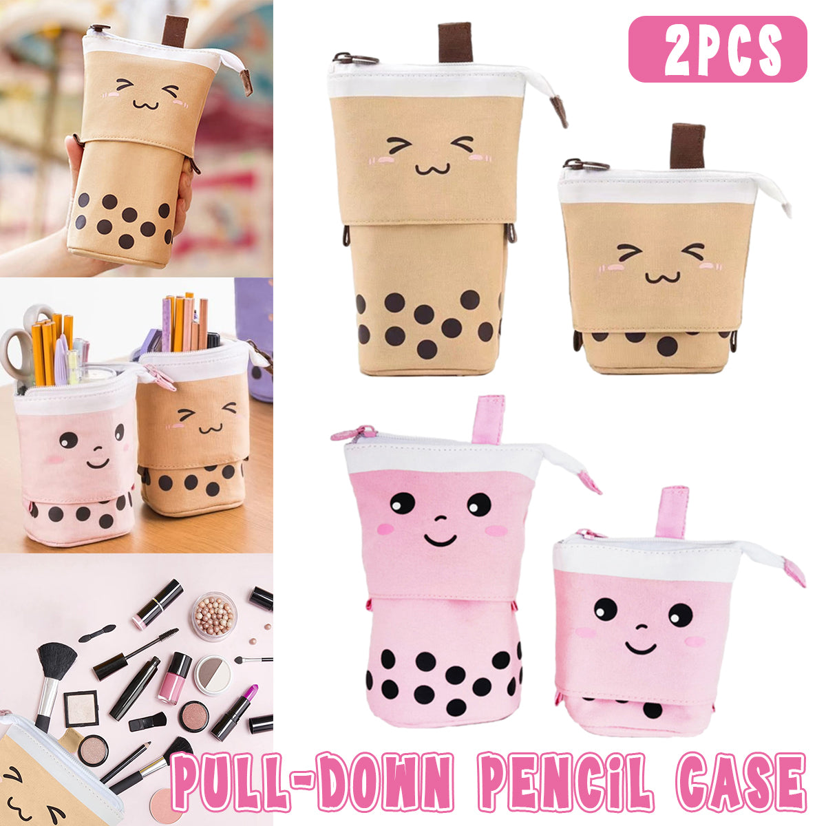 2 Pcs Bubble Tea Telescopic Pencil Case Canvas Beige Pink