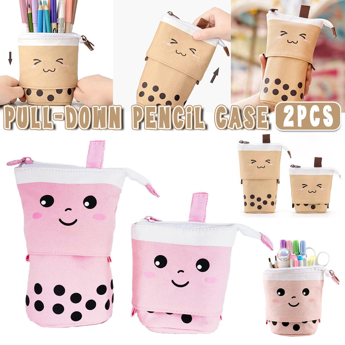 2 Pcs Bubble Tea Telescopic Pencil Case Canvas Beige Pink