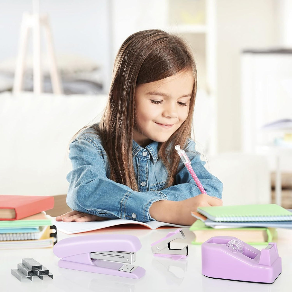 Purple Office Supplies Set with Stapler and Scissors
