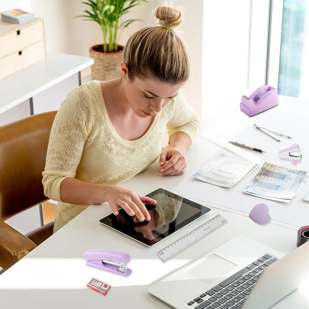 Purple Office Supplies Set with Stapler and Scissors