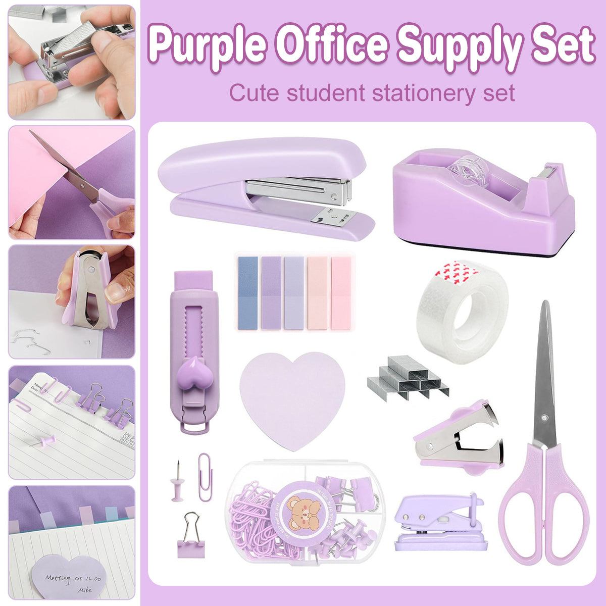 Purple Office Supplies Set with Stapler and Scissors