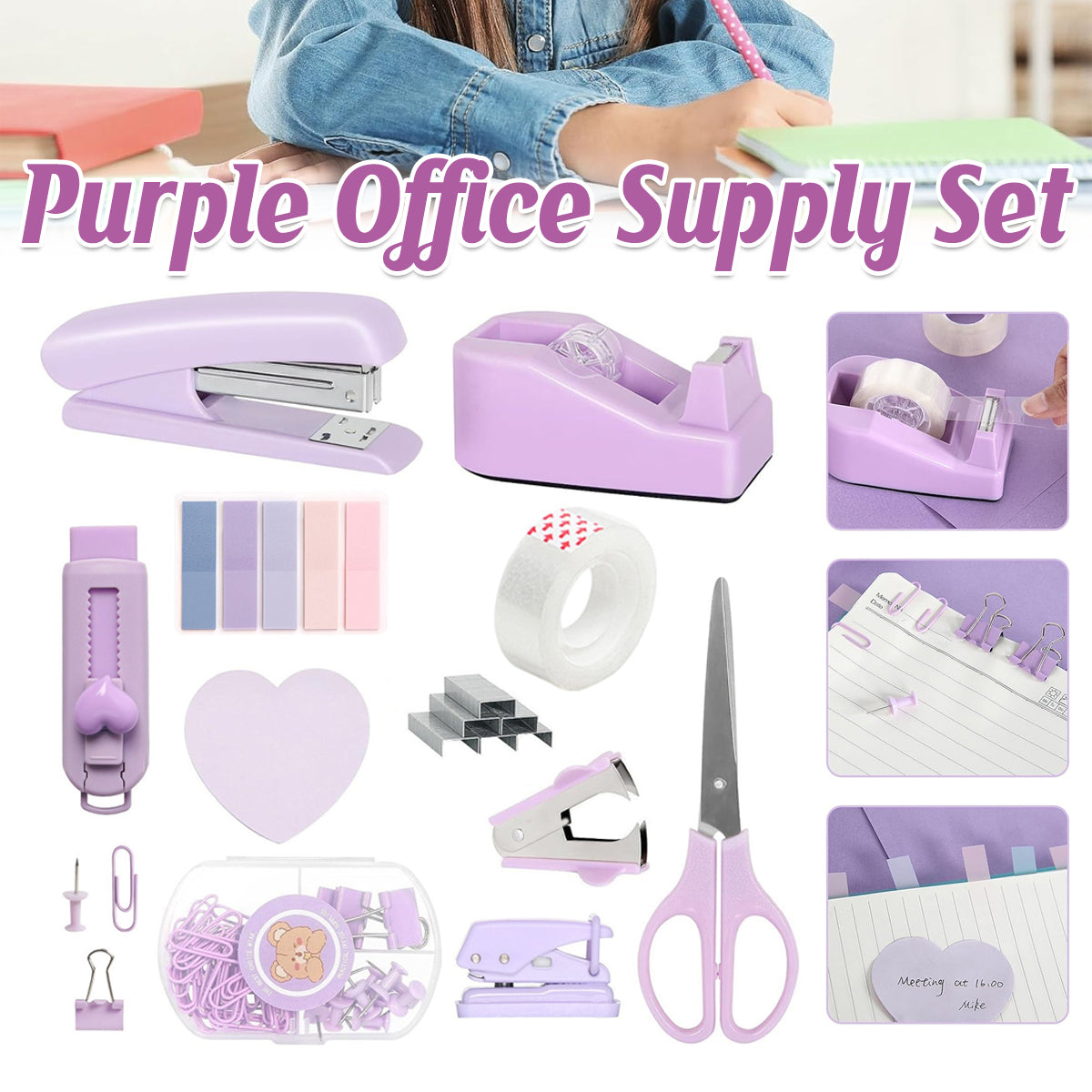 Purple Office Supplies Set with Stapler and Scissors
