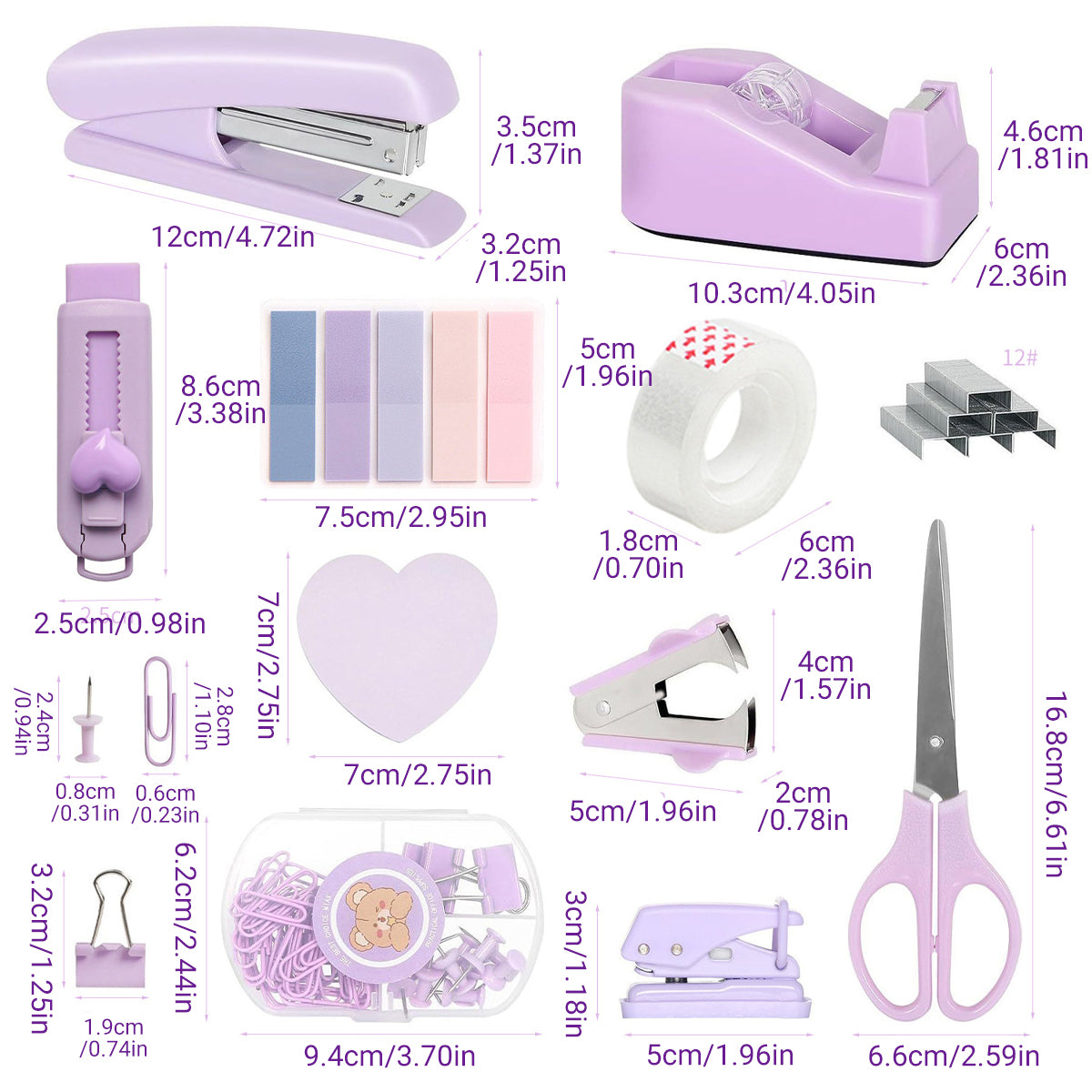 Purple Office Supplies Set with Stapler and Scissors