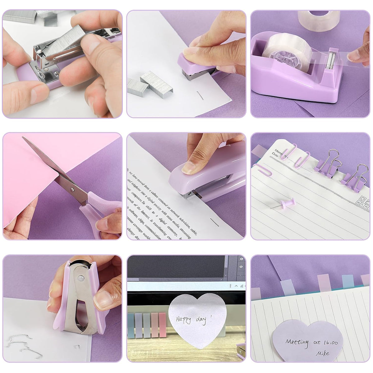 Purple Office Supplies Set with Stapler and Scissors