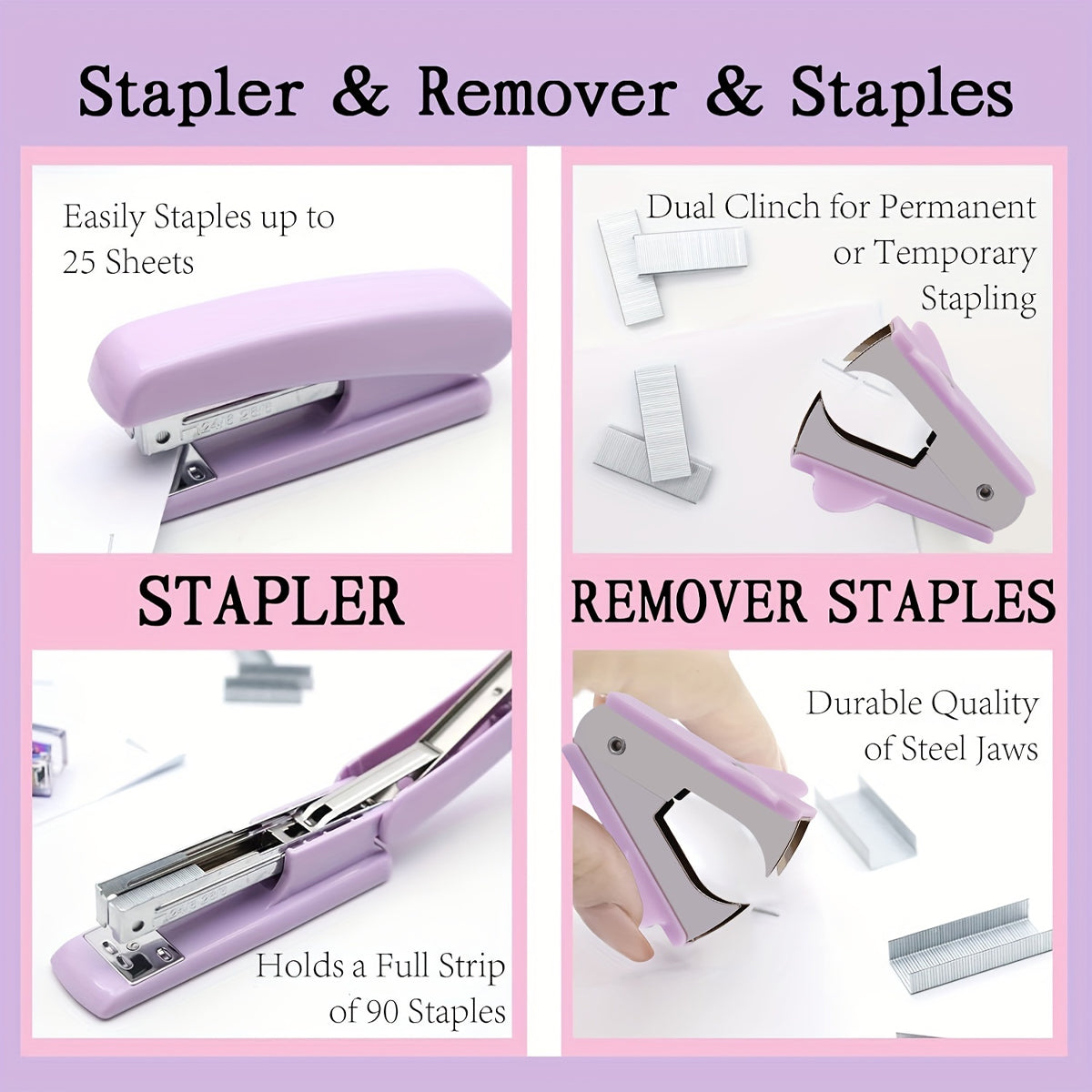 Purple Office Supplies Set with Stapler and Scissors