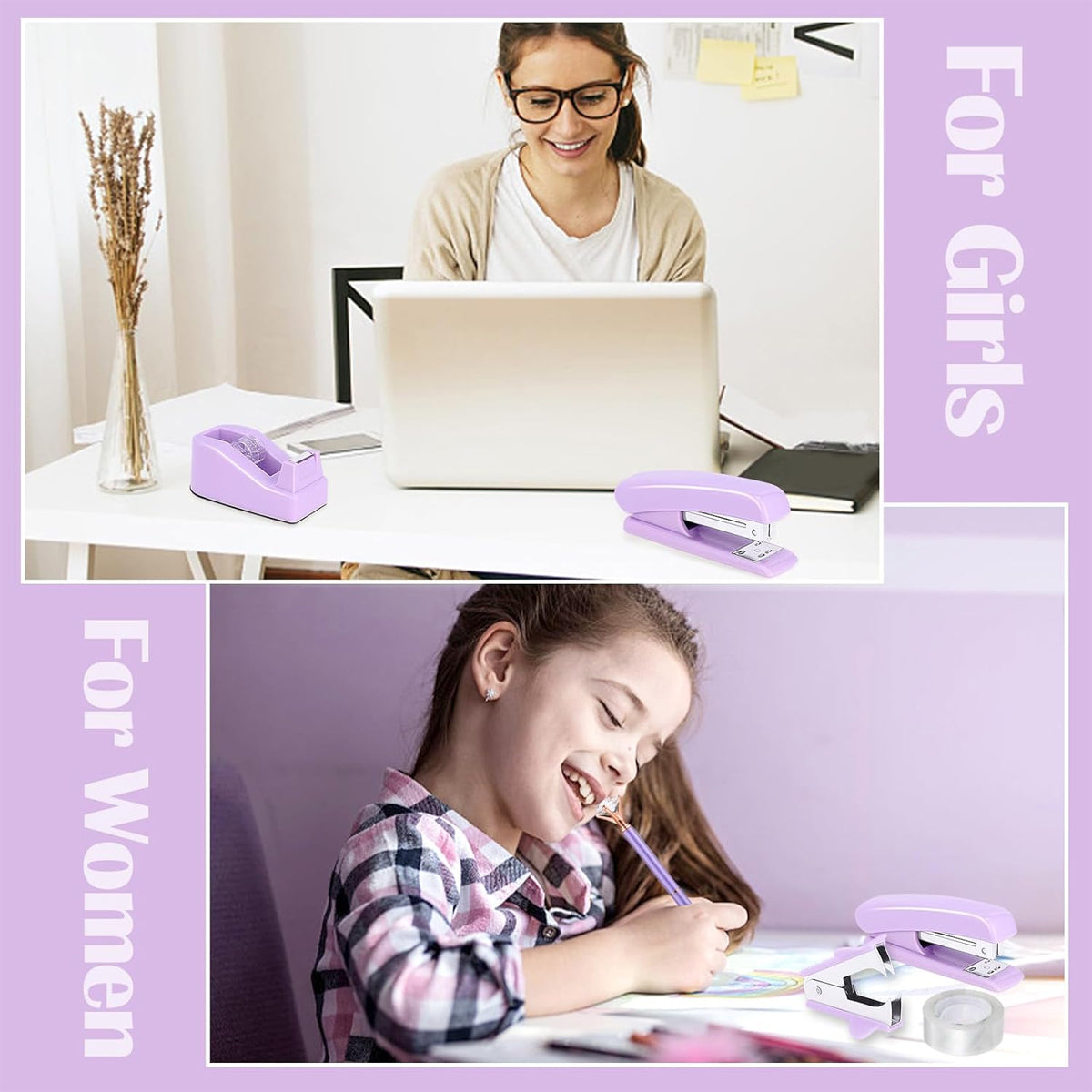 Purple Office Supplies Set with Stapler and Scissors