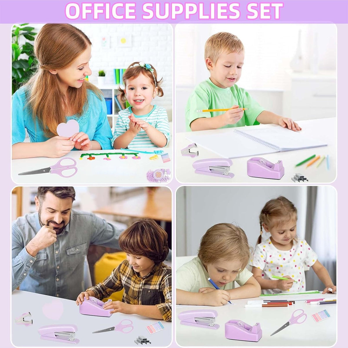 Purple Office Supplies Set with Stapler and Scissors