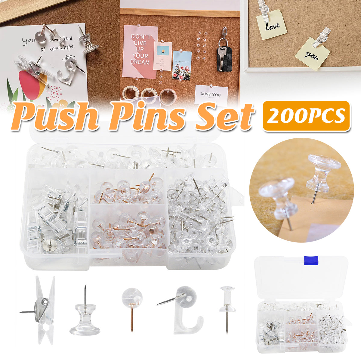200 Pcs Office Bulletin Board Push Pins Set with Clips Pegs Hooks