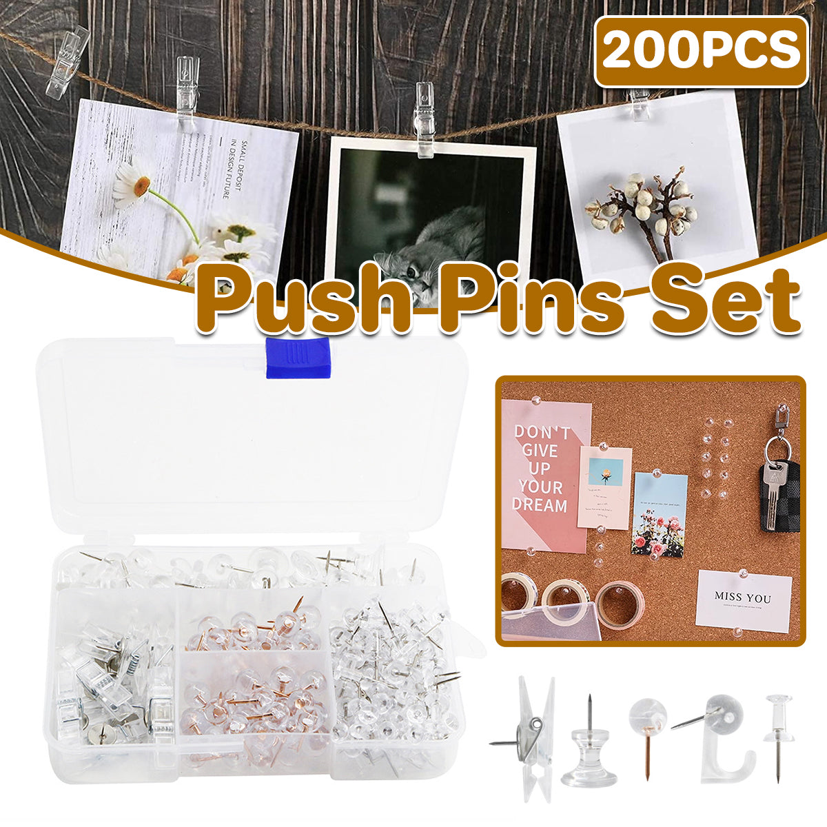 200 Pcs Office Bulletin Board Push Pins Set with Clips Pegs Hooks