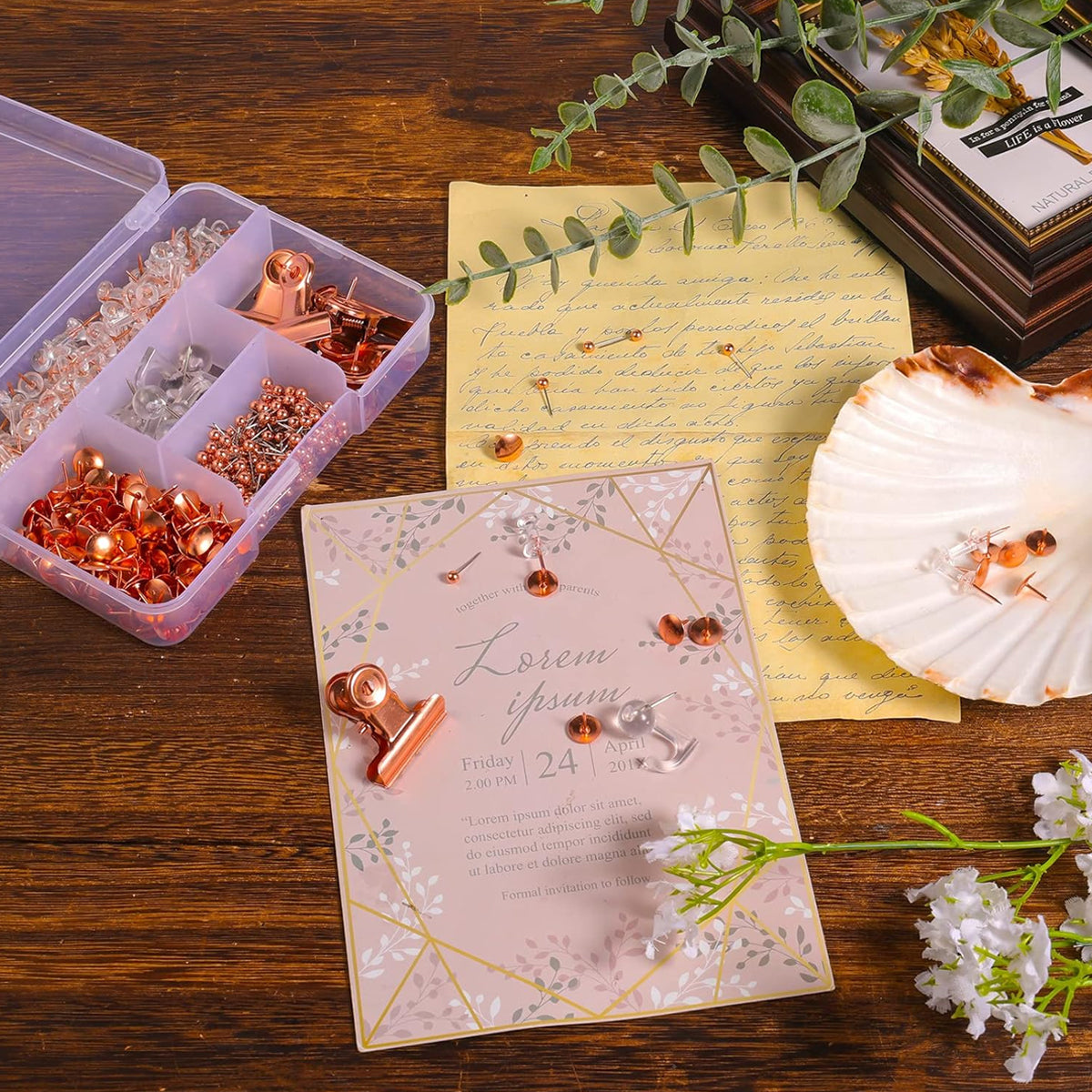 465 Pcs Rose Gold Office Clip and Pin Set with Storage Box