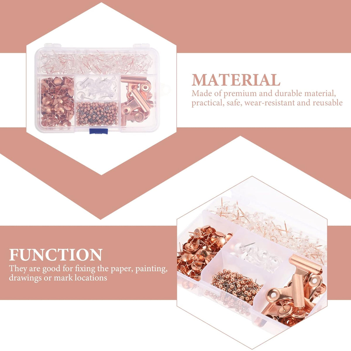 465 Pcs Rose Gold Office Clip and Pin Set with Storage Box