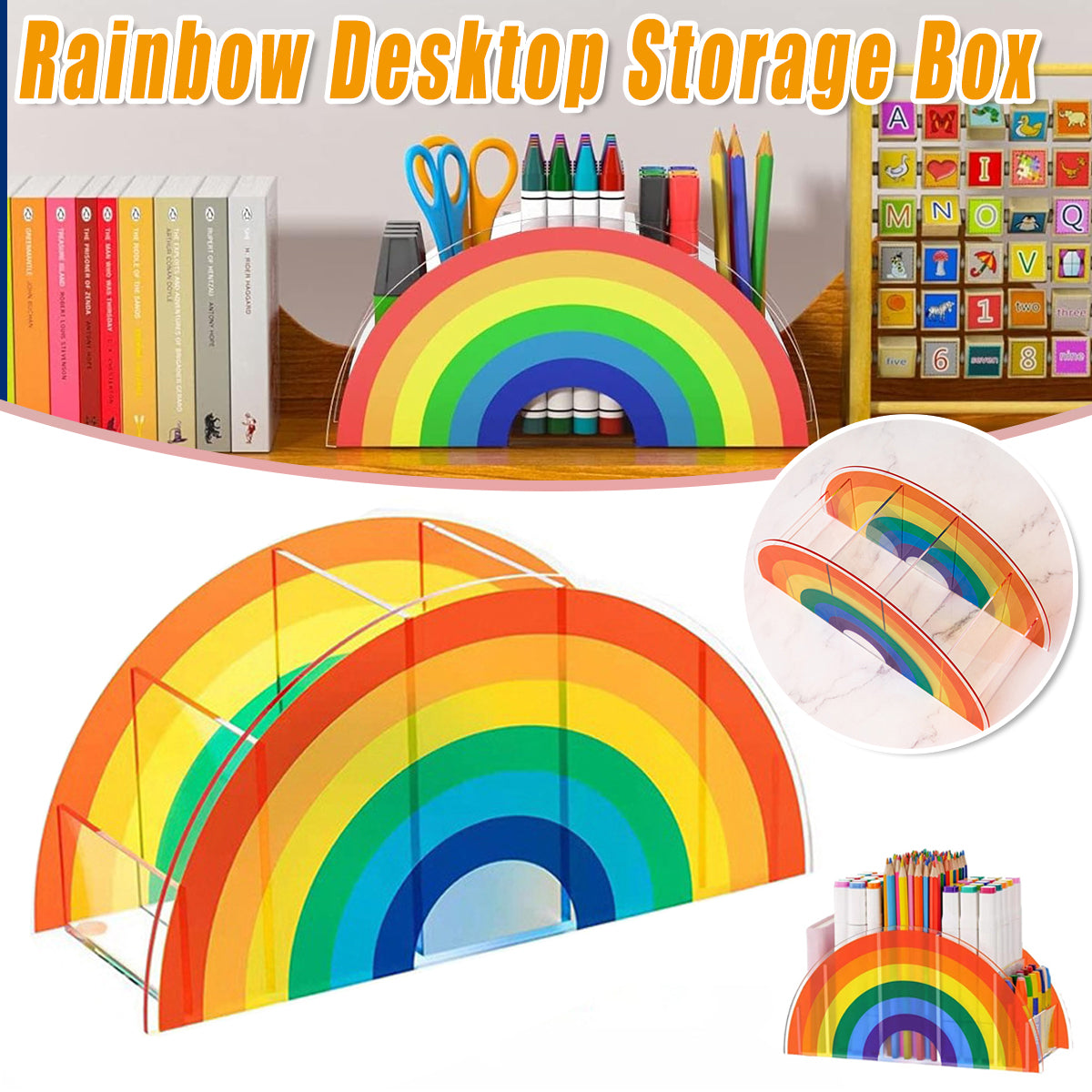 Desktop Organiser Rainbow 5-Compartment Plastic Stationery Box