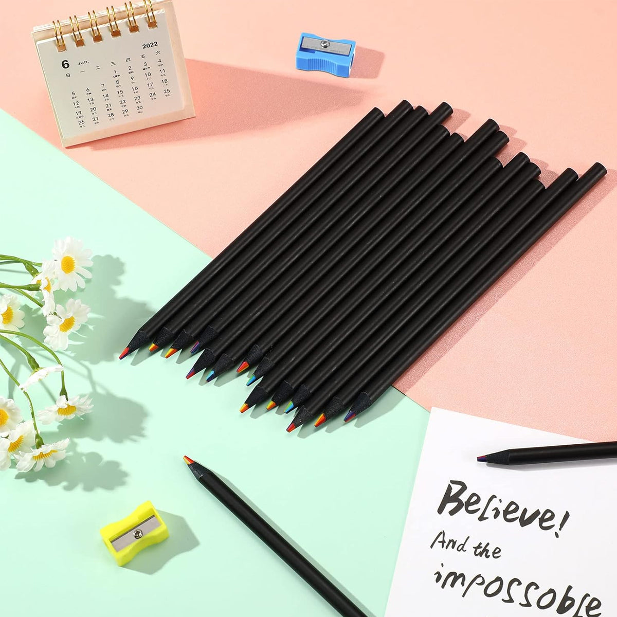 16 Pcs Rainbow Colour Pencils Multicolour Gradient Black Barrel