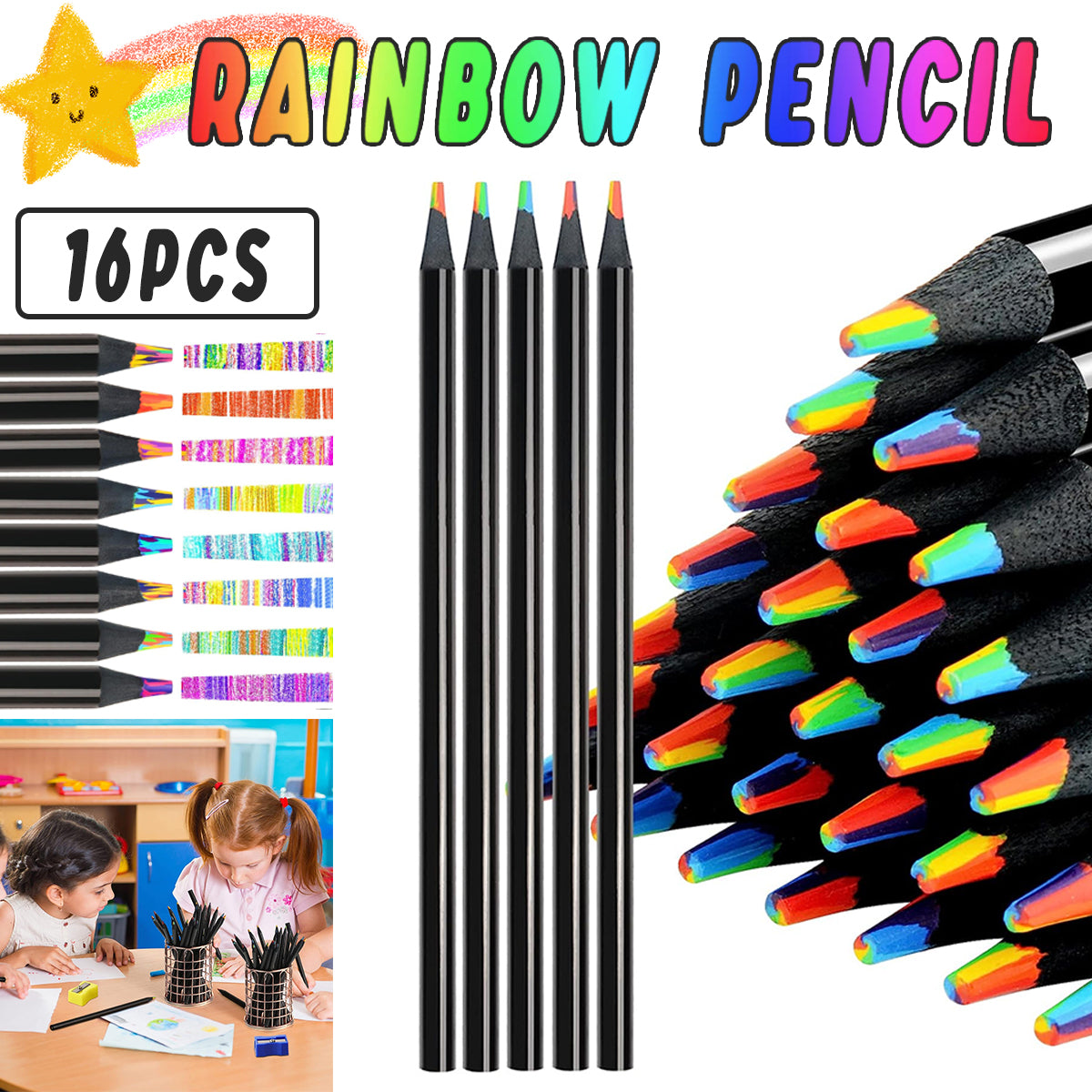 16 Pcs Rainbow Colour Pencils Multicolour Gradient Black Barrel