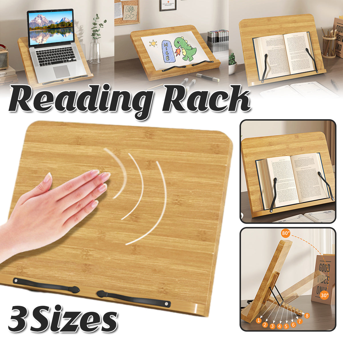 Wooden Adjustable Reading Stand Book Holder with 8 Angles