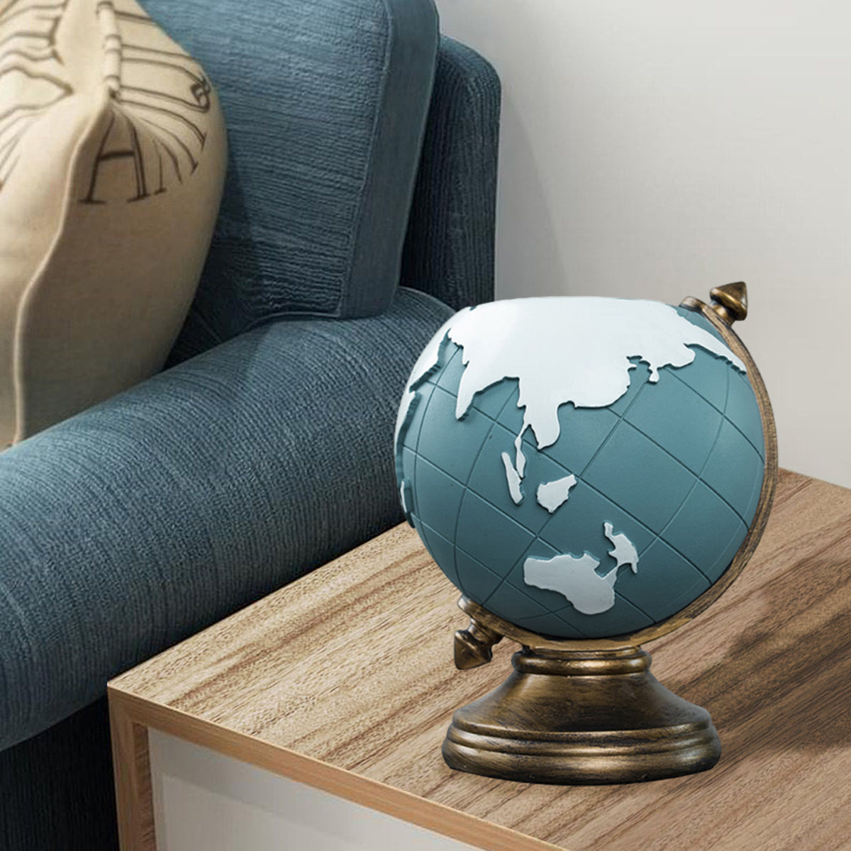 Resin Globe Pen Holder European Style Blue with Bronze Accents