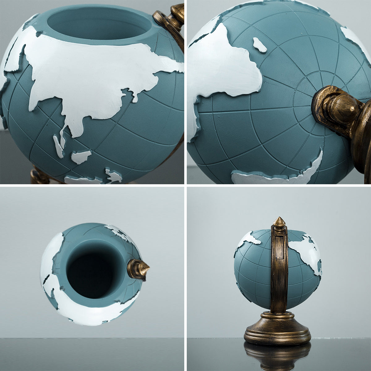 Resin Globe Pen Holder European Style Blue with Bronze Accents