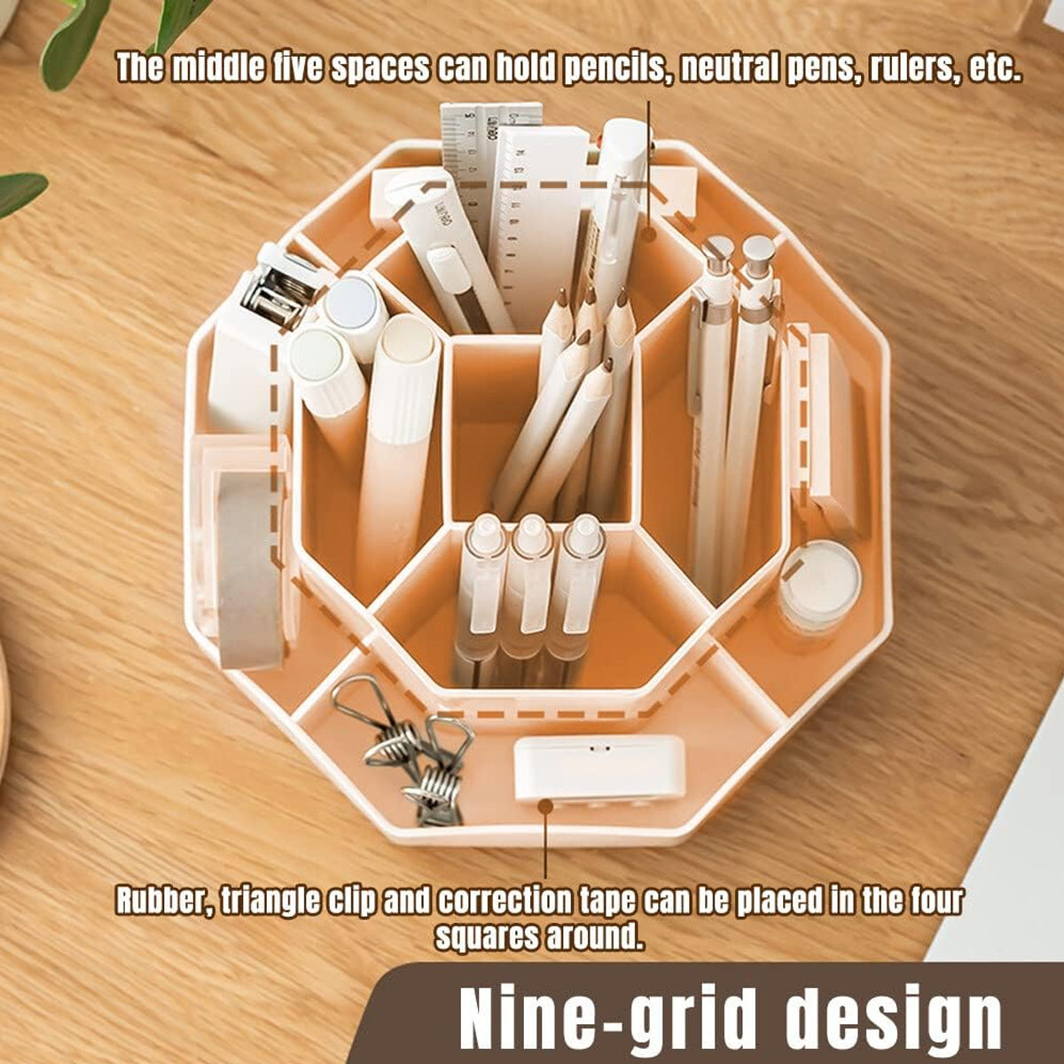 360° Rotating Pen Holder Large Capacity 9-Compartment Plastic