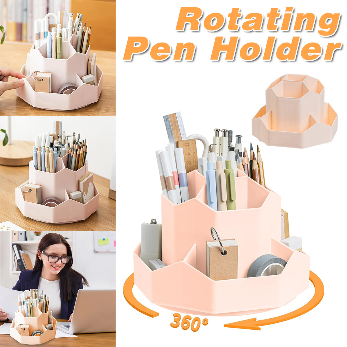 360° Rotating Pen Holder Large Capacity 9-Compartment Plastic
