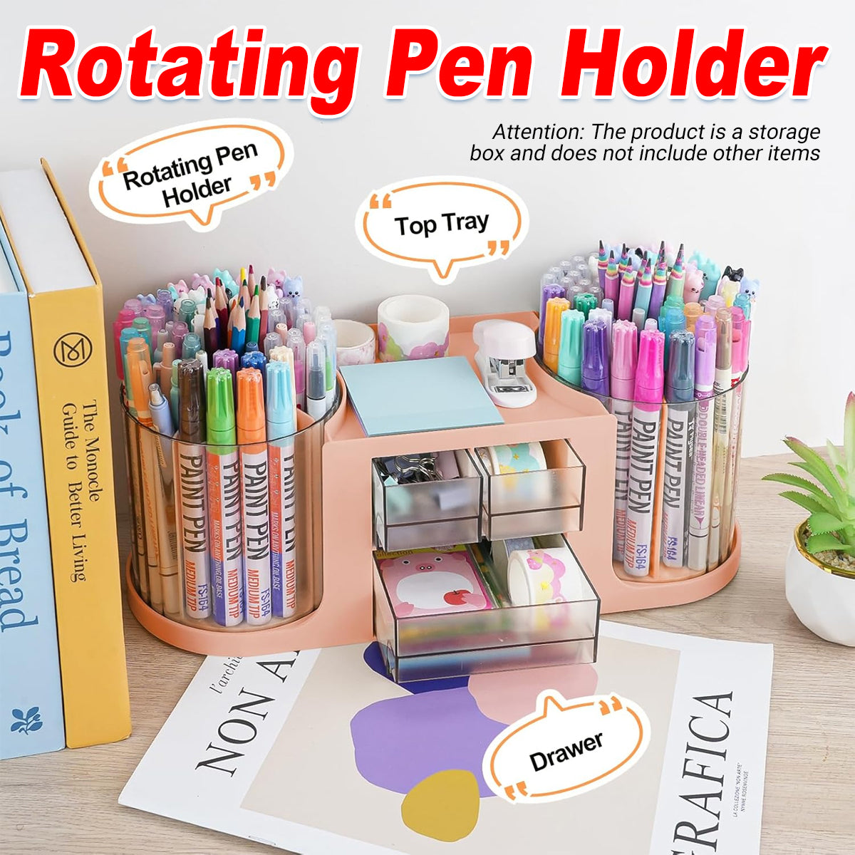 Rotating Pen Holder PS Desk Organizer with 14 Compartments