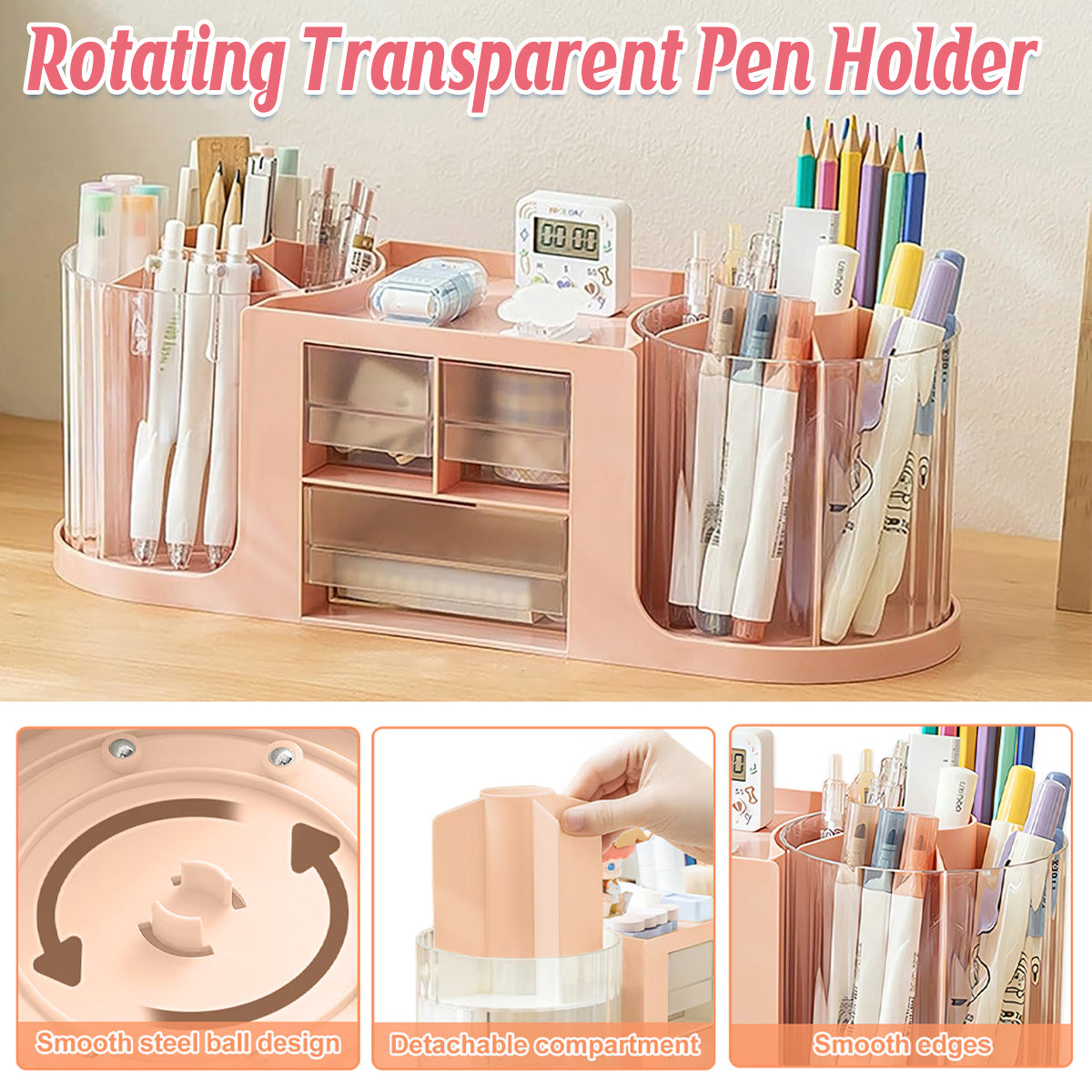 Rotating Pen Holder PS Desk Organizer with 14 Compartments