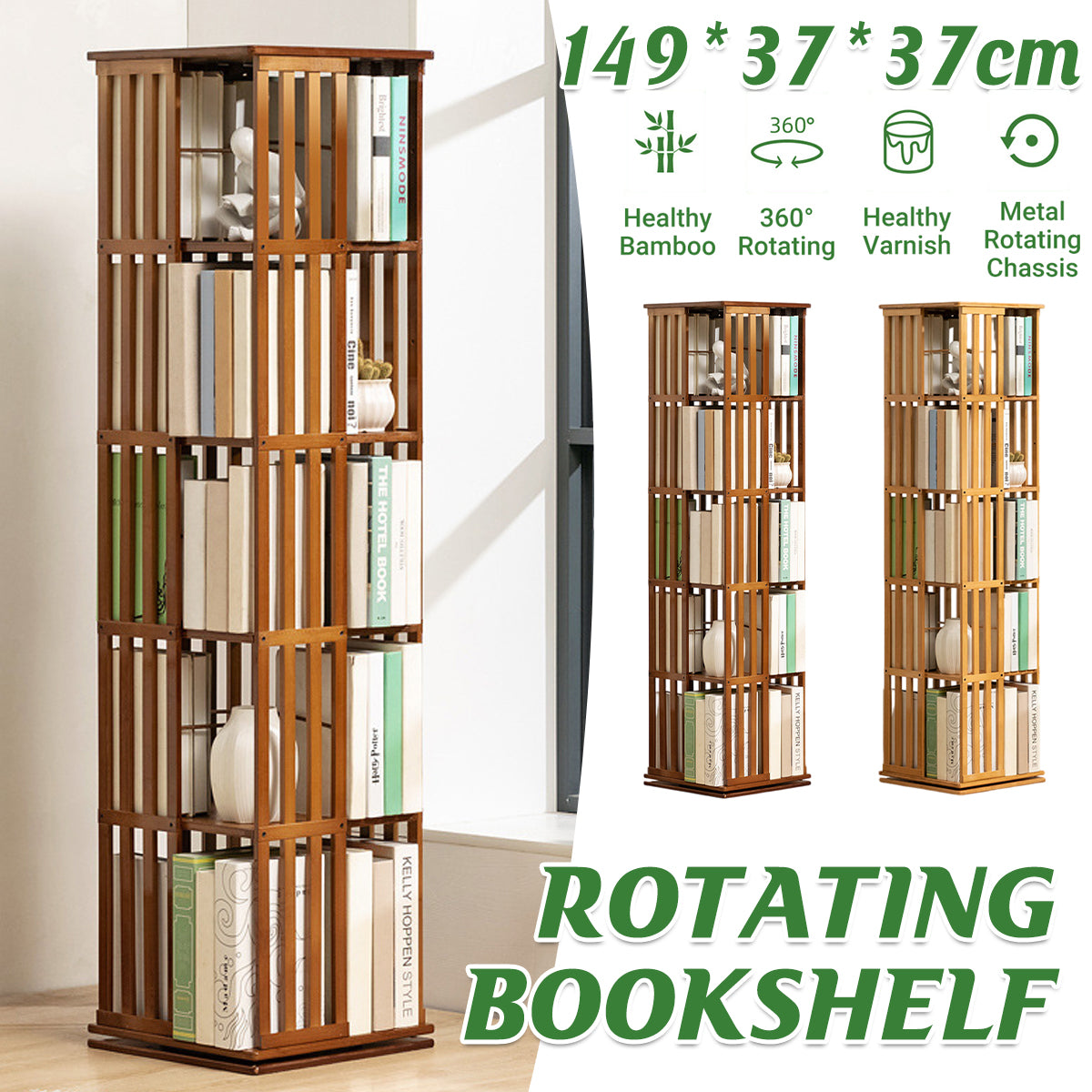 5-Shelf Rotating Bamboo Bookshelf 360 Floor Stand