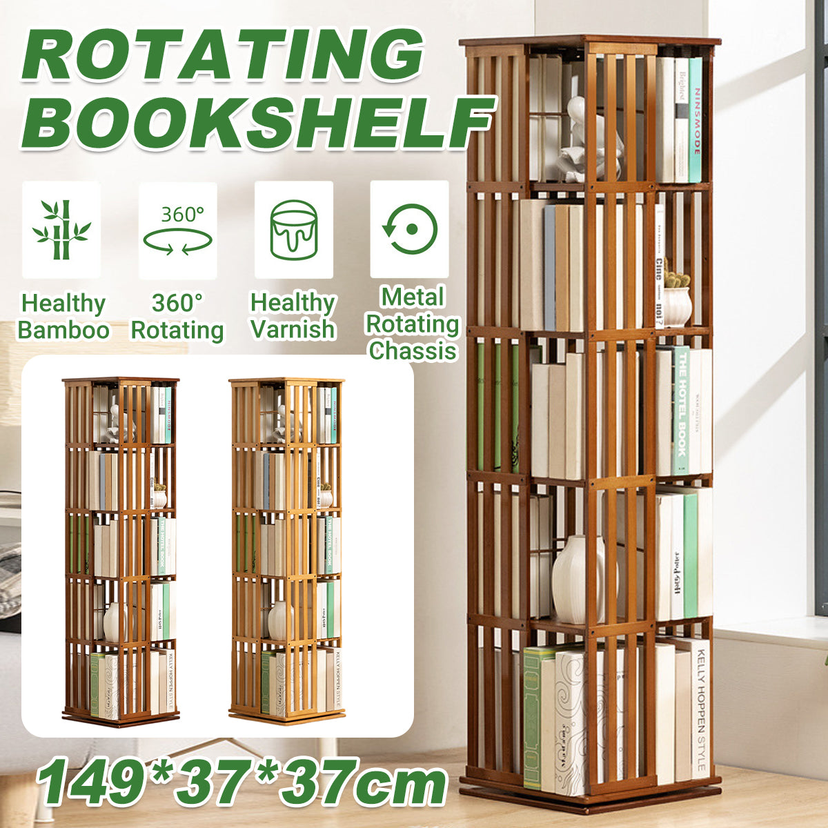 5-Shelf Rotating Bamboo Bookshelf 360 Floor Stand