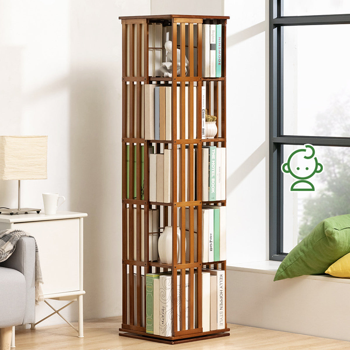 5-Shelf Rotating Bamboo Bookshelf 360 Floor Stand