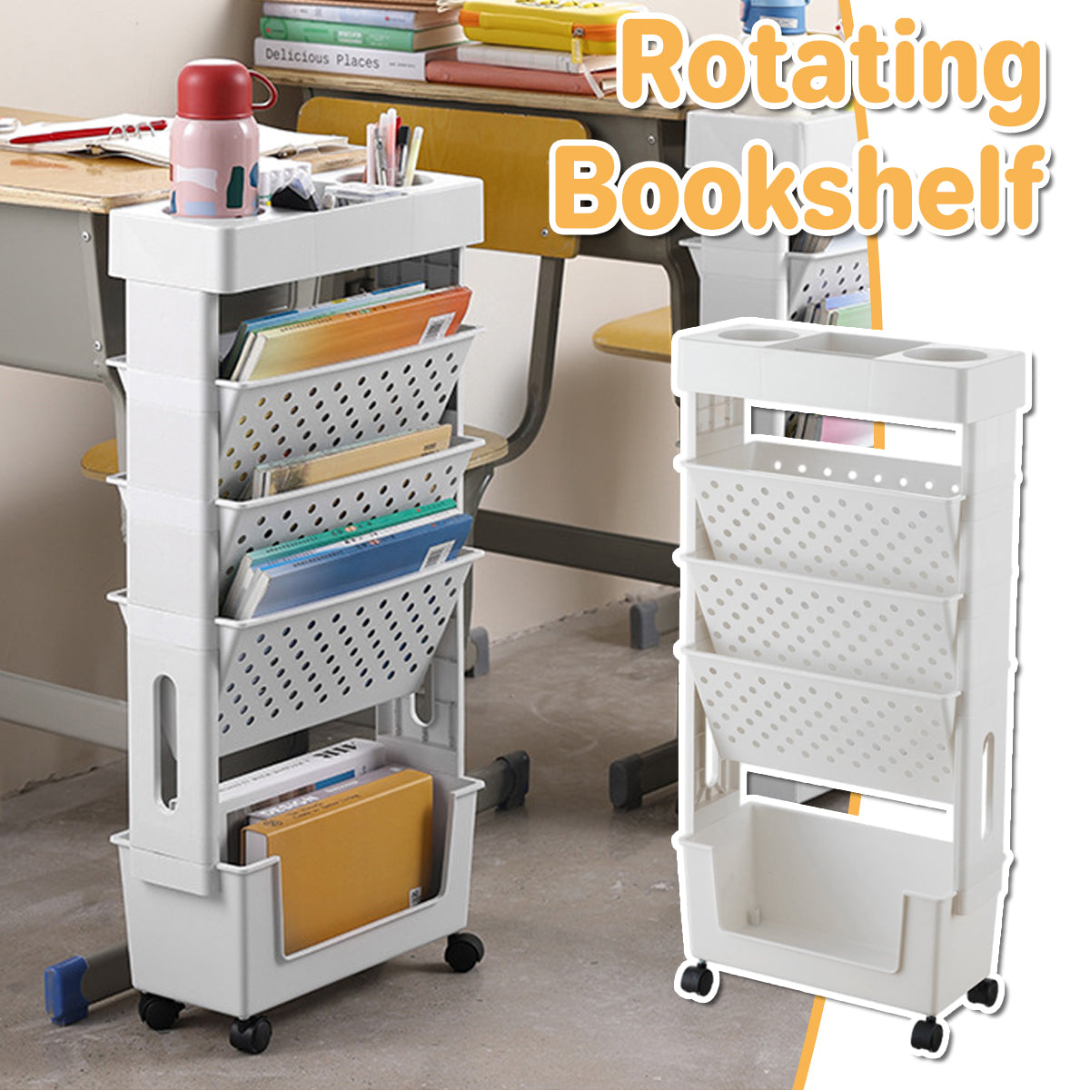 5 Tier Rolling Bookshelf Rack Movable Storage Organizer