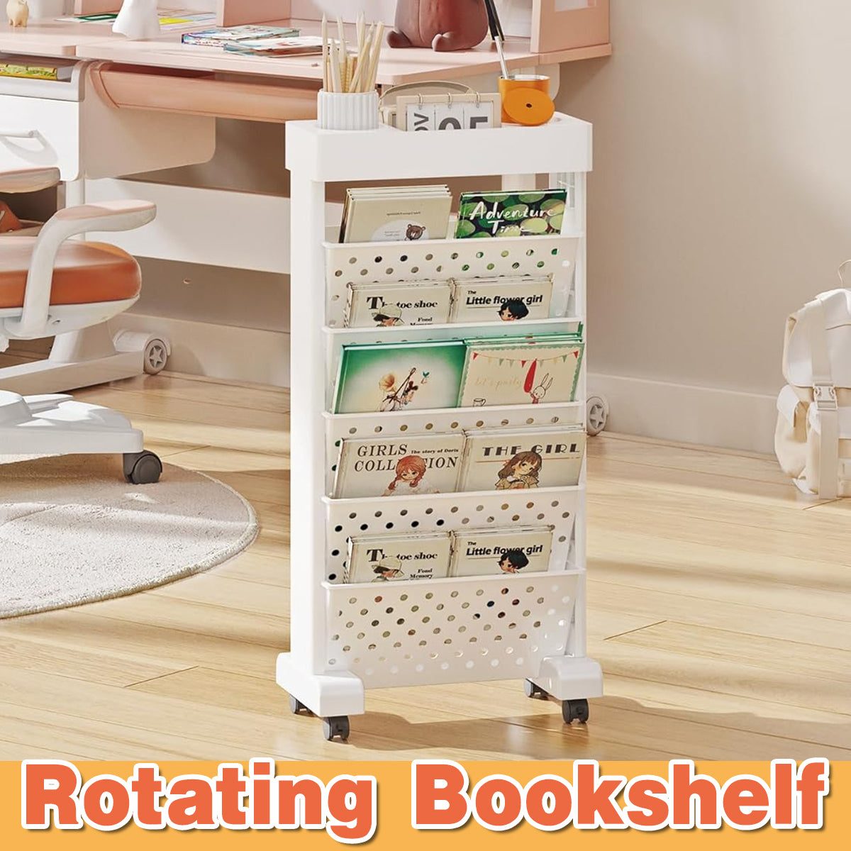 5 Tier Rolling Bookshelf Rack Movable Storage Organizer