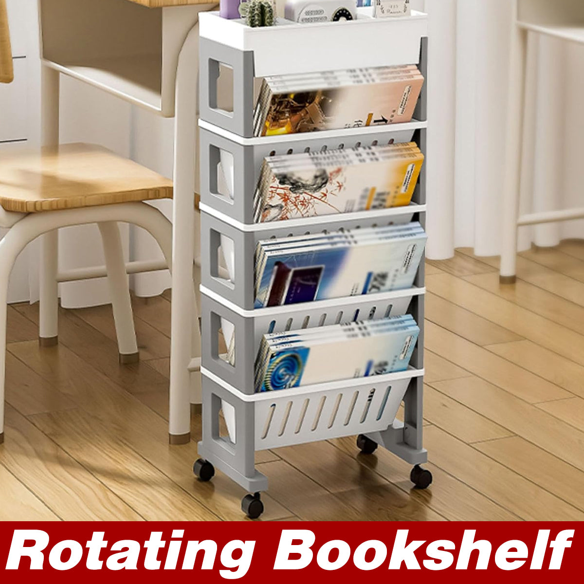 Movable Trolley Book Storage Rack with Four Layers