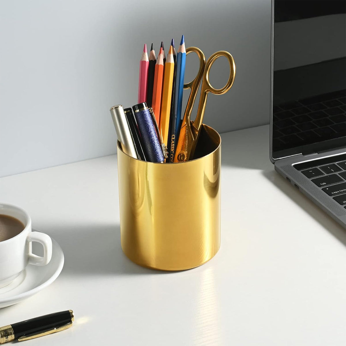 Stainless Steel Round Pen Holder Brushed Finish Non-Slip Base